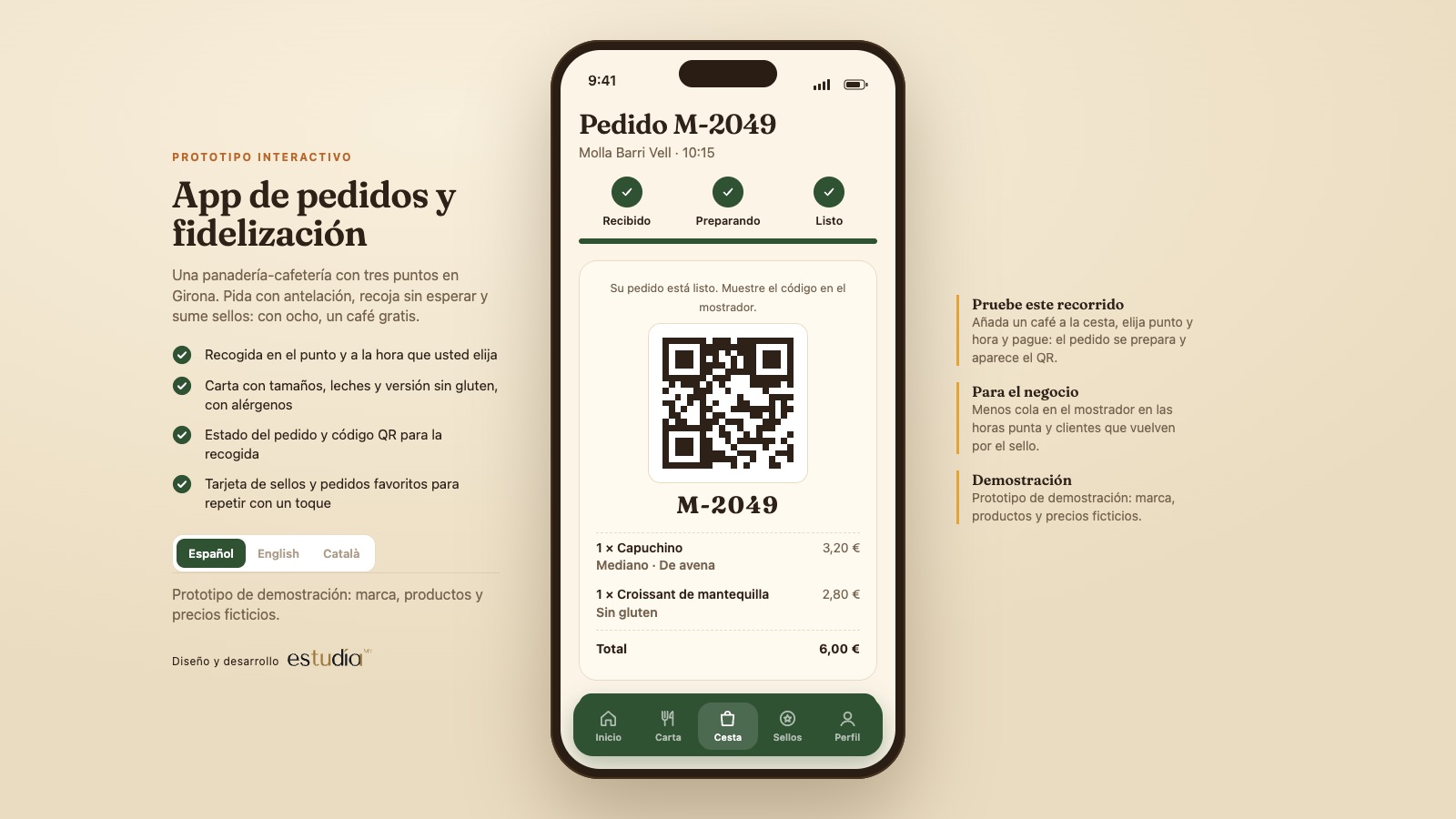 An order ready, with the QR code for pickup