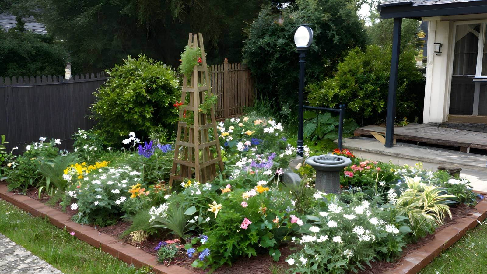 Parterre de flores con obelisco para rosales trepadores