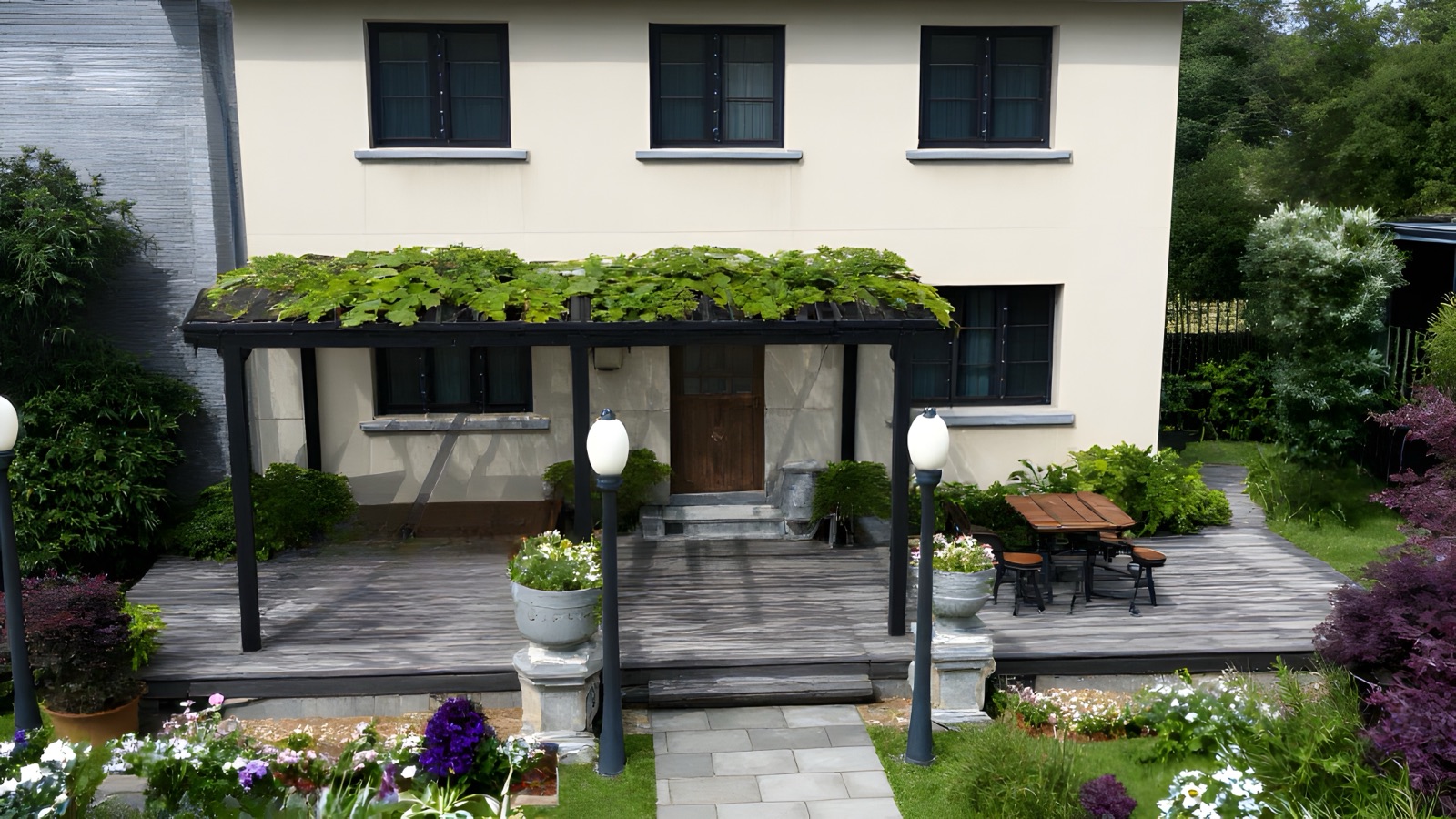 Terraza de madera con pérgola verde a la entrada de la casa