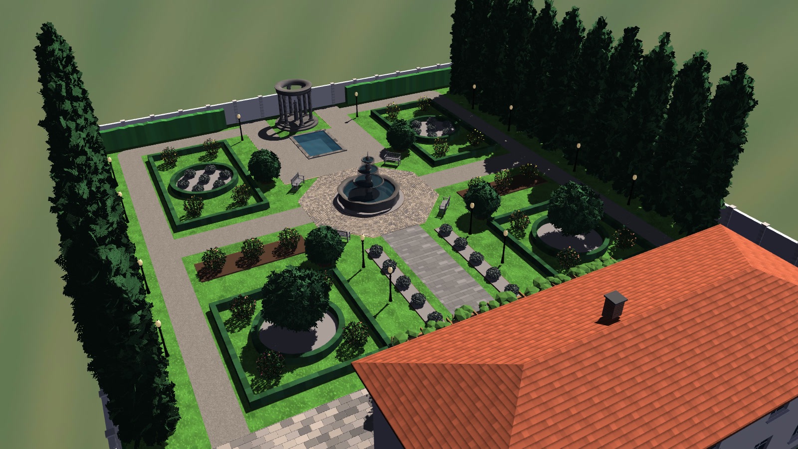 Classical garden with a fountain — aerial view of the formal garden