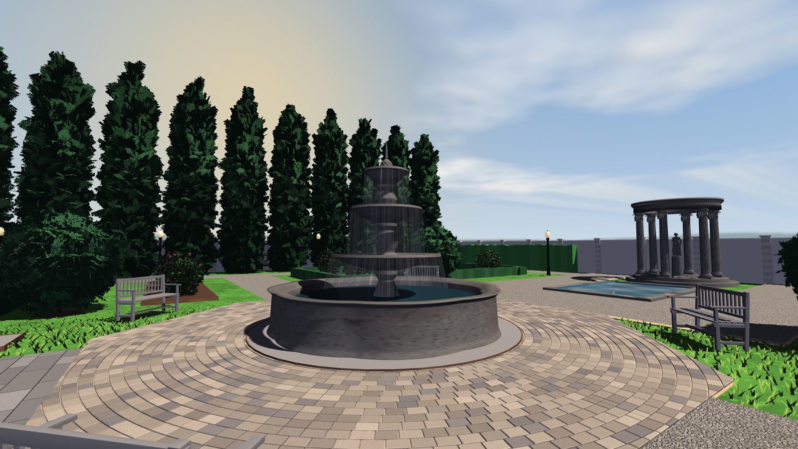 Three-tier fountain on the octagonal square, with the rotunda behind