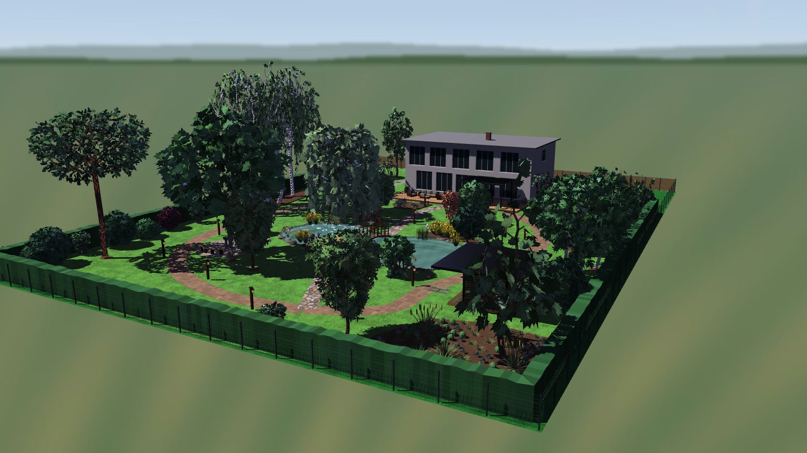 Garden with a pond — aerial view of the garden