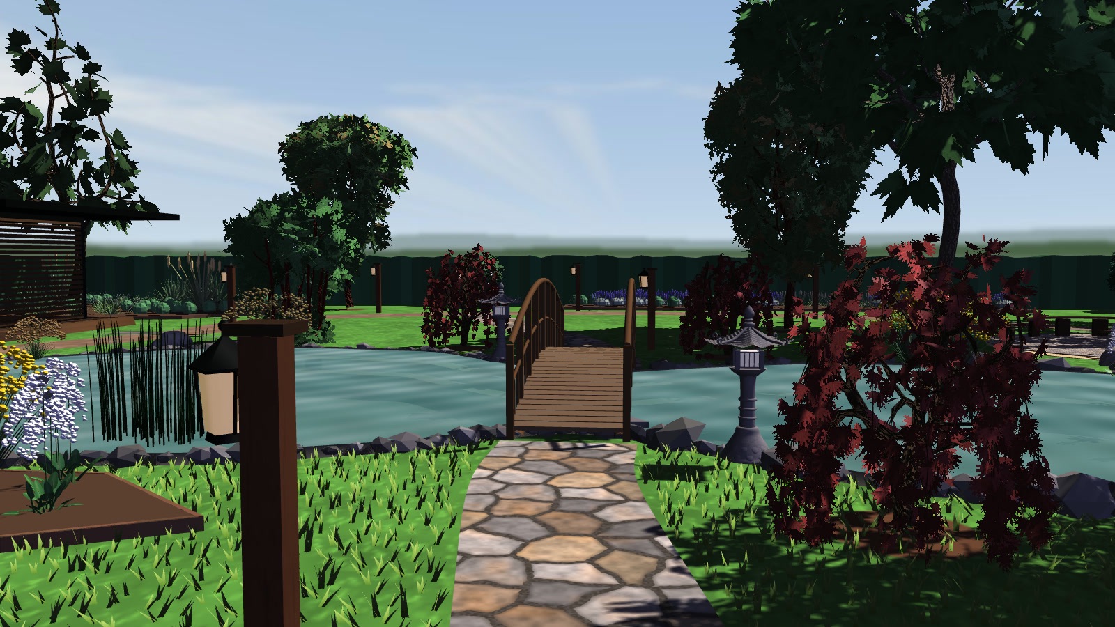 Stone path to the bridge with Japanese lanterns