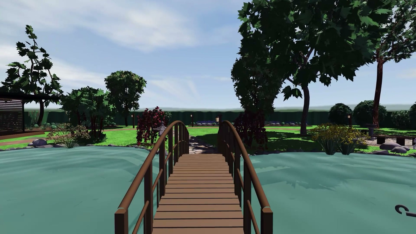 Bridge over the pond, looking into the garden
