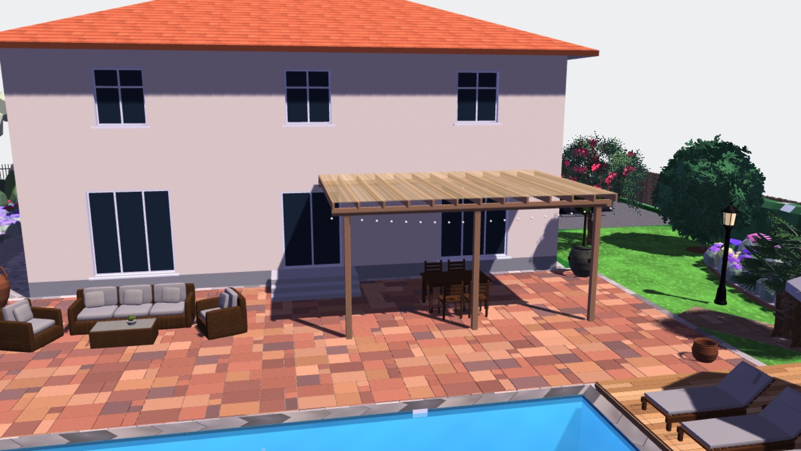 Jardín mediterráneo con terraza y pérgola junto a la piscina