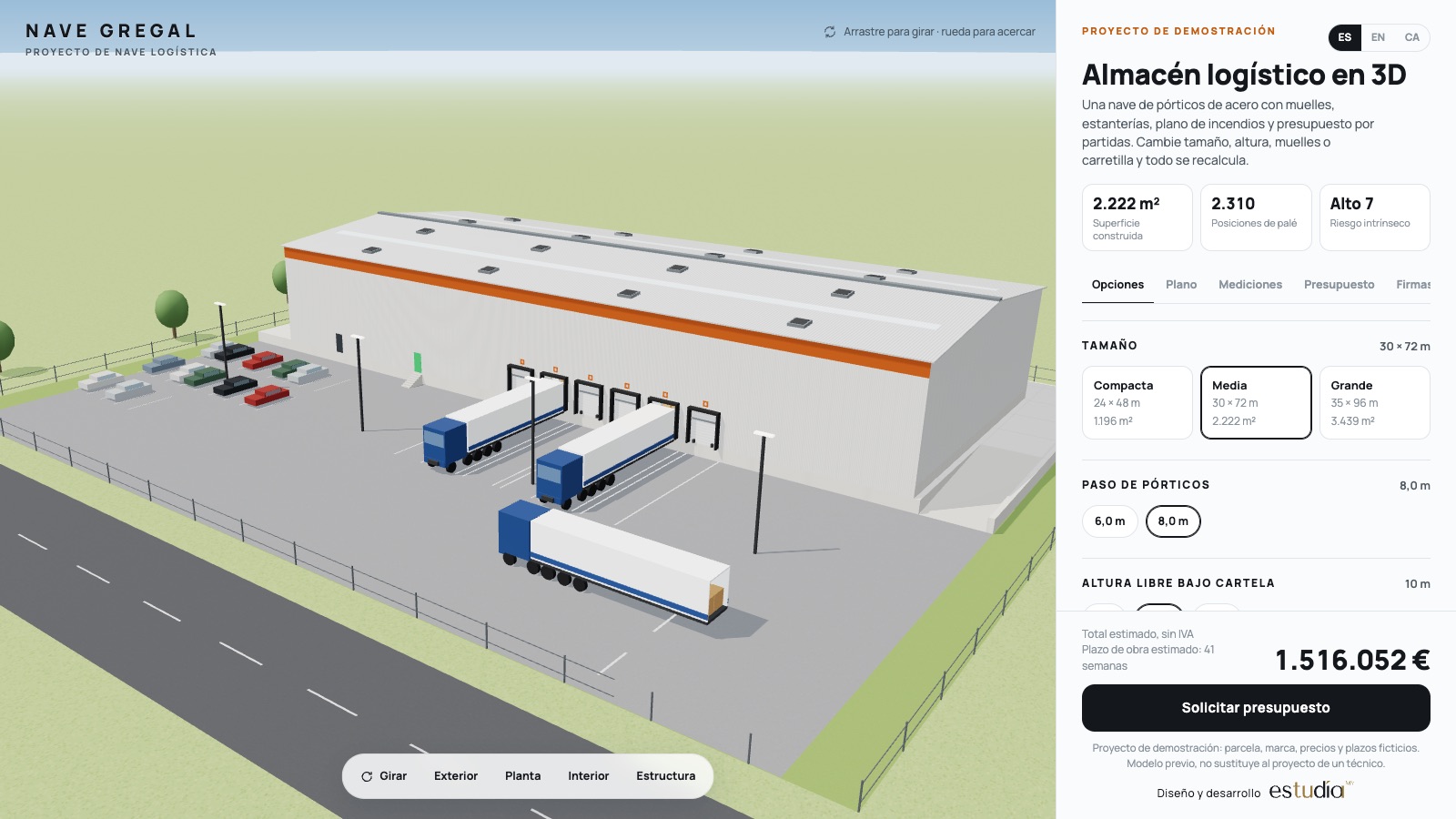 Nave Gregal — warehouse with loading docks, trucks and a manoeuvring yard