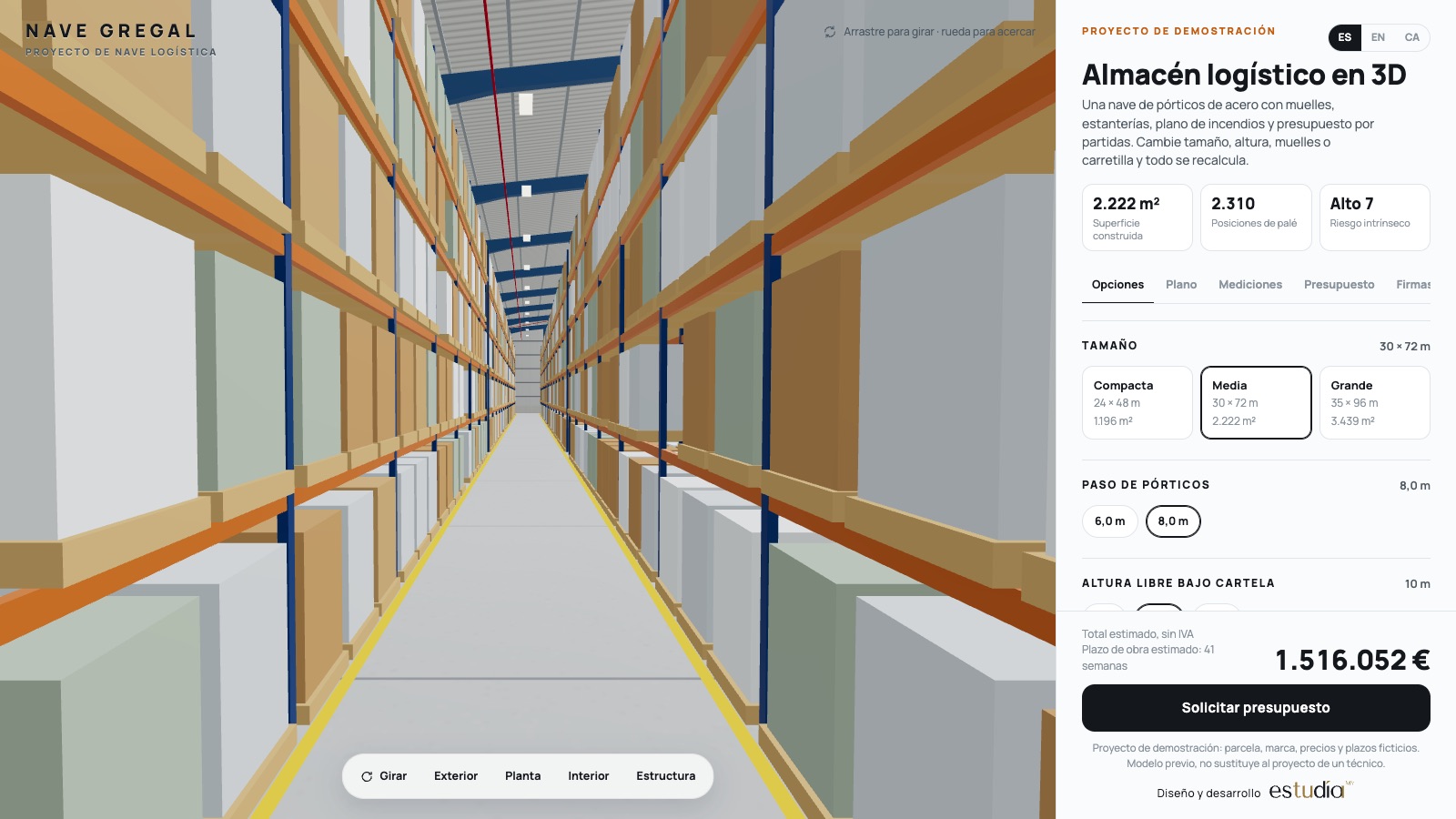 Warehouse interior with five-level racking and a 3.0 m aisle for a reach truck