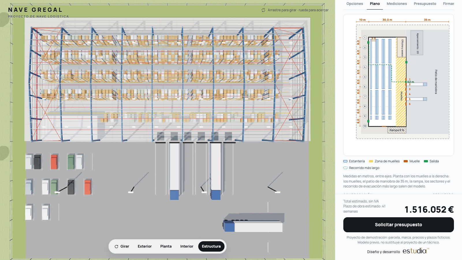 Dimensioned plan of the warehouse with grid lines, racking, docks, exits and the longest escape route