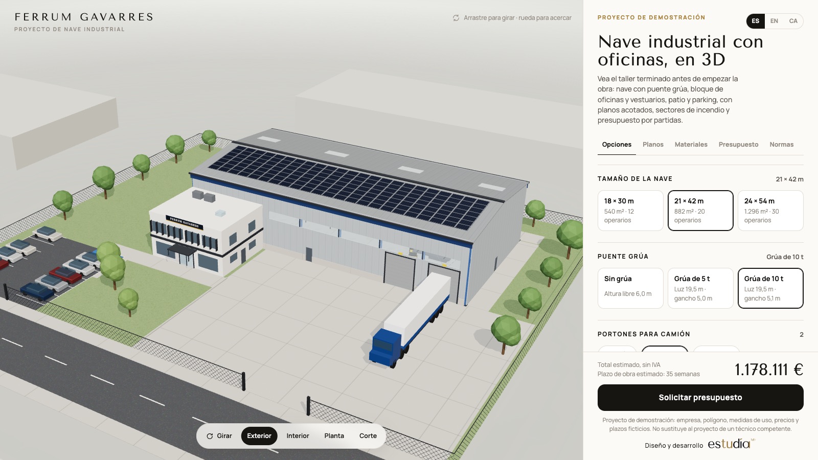 Ferrum Gavarres — industrial building with an office block, truck yard and solar roof