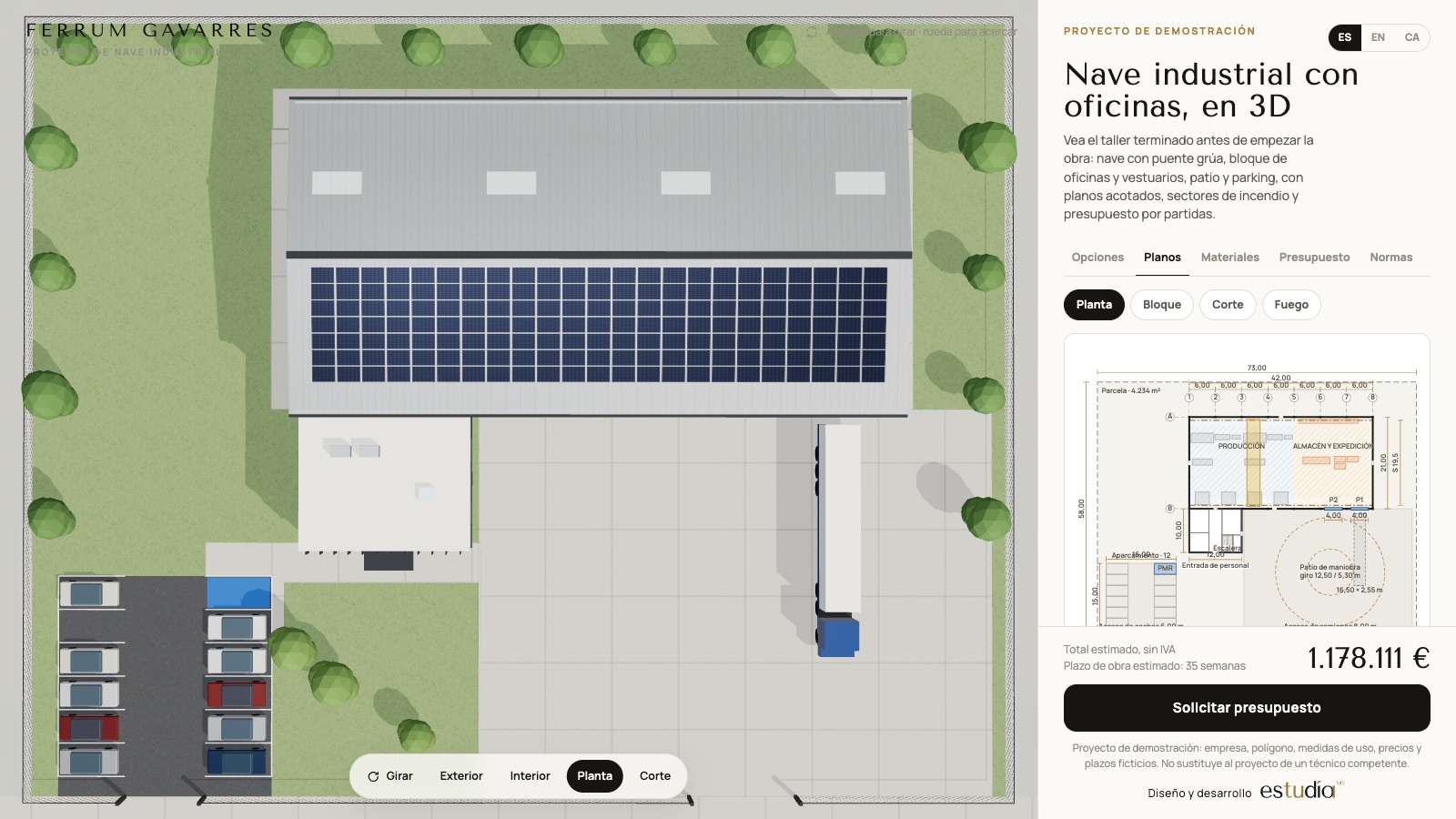 Site plan with axes, dimensions, a manoeuvring yard with a 12.50 m turning circle and a car park