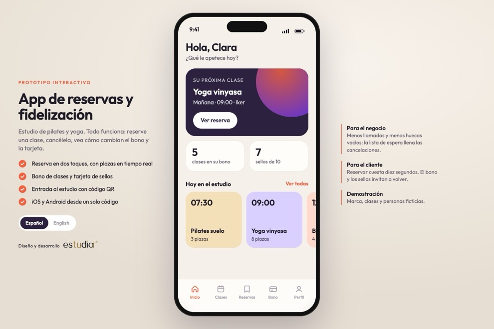 Onda — Aplicación móvil · estudio de pilates y yoga