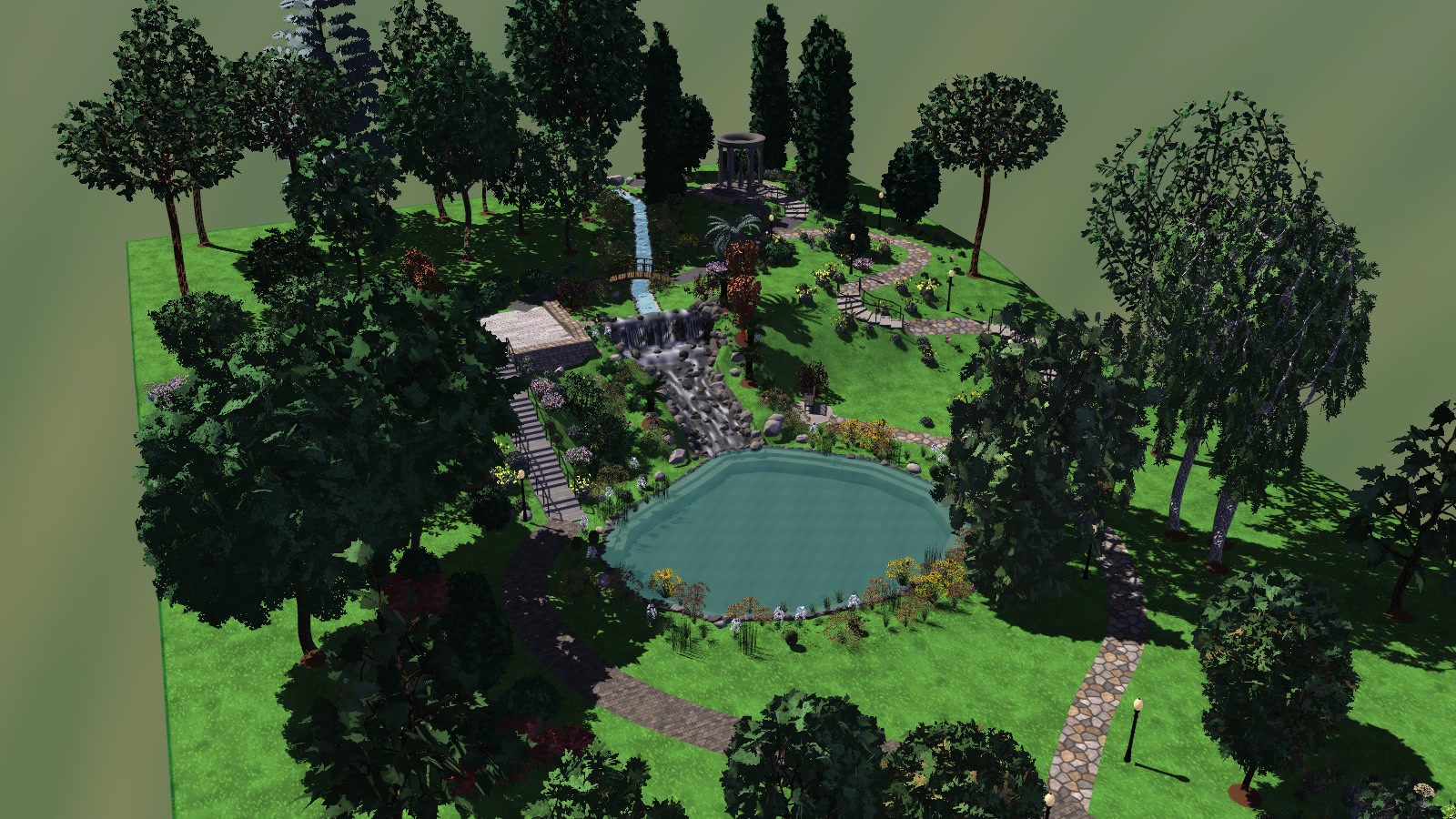 Hillside park with a waterfall — aerial view of the hillside park