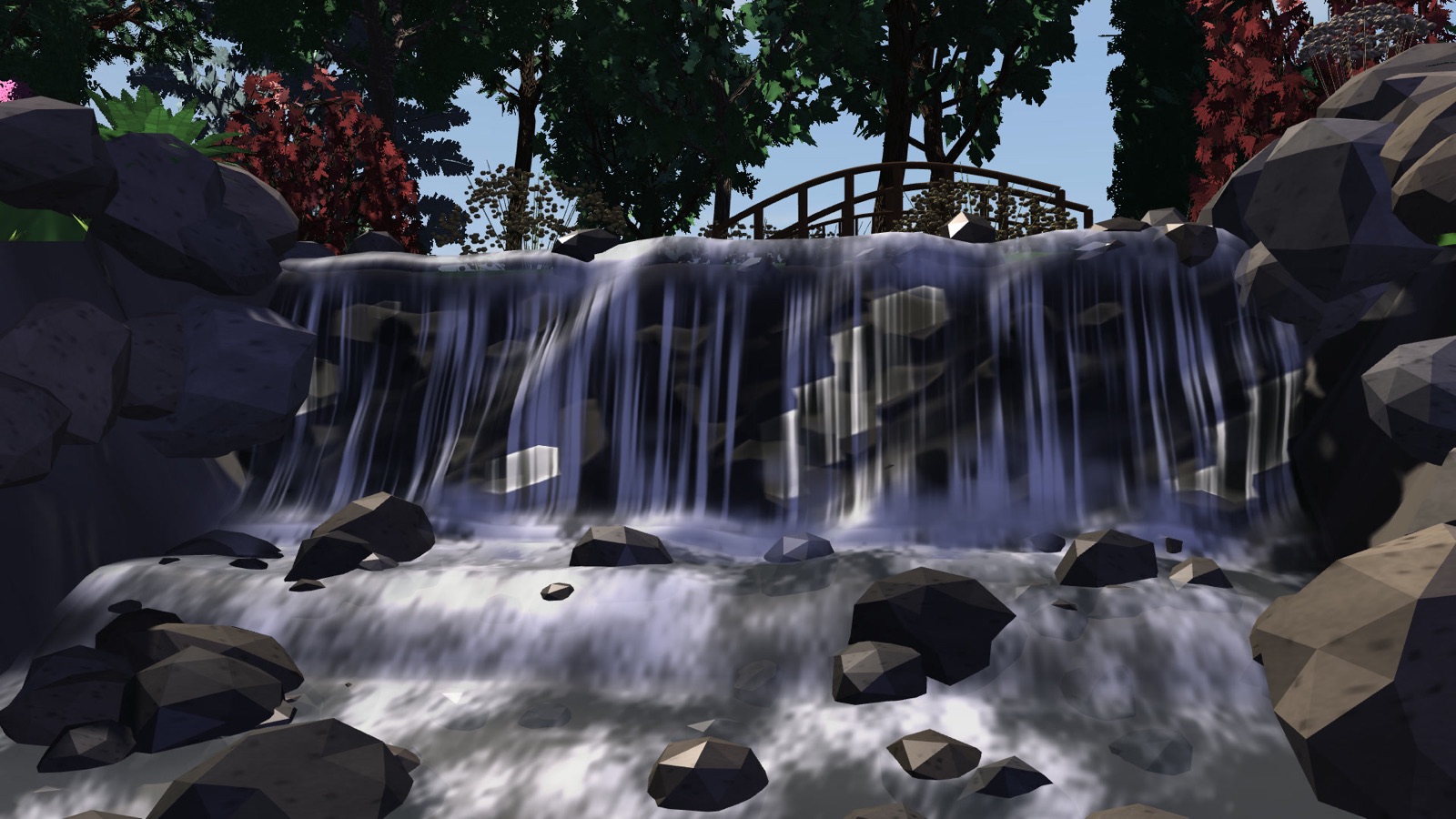 Six-step waterfall between boulders down to the pond