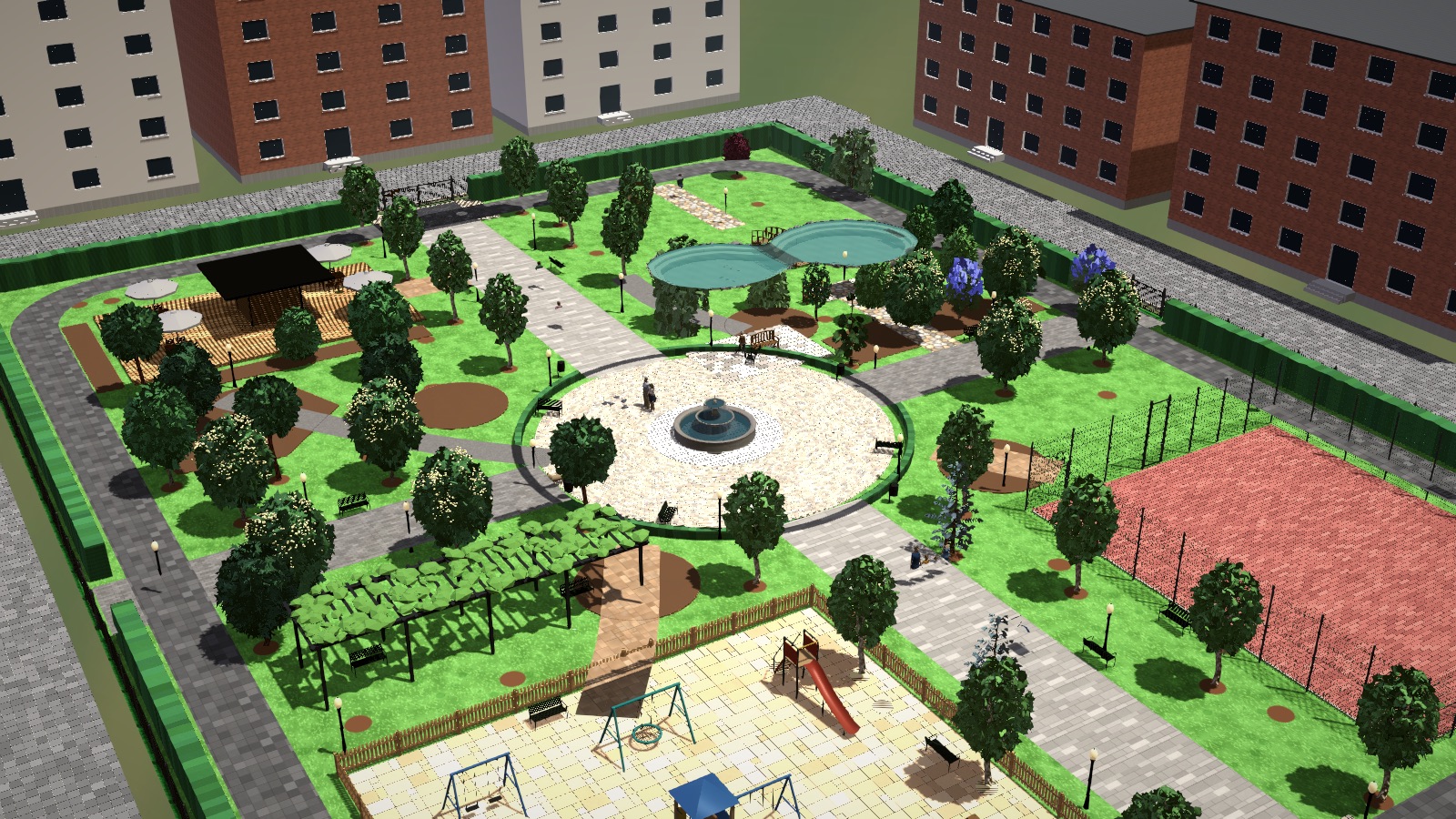 Parque urbano — vista aérea del parque rodeado de calles y edificios