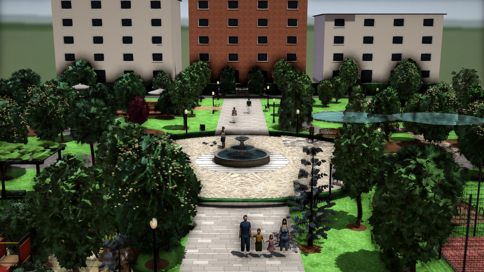 Plaza circular con fuente en el cruce de las dos avenidas
