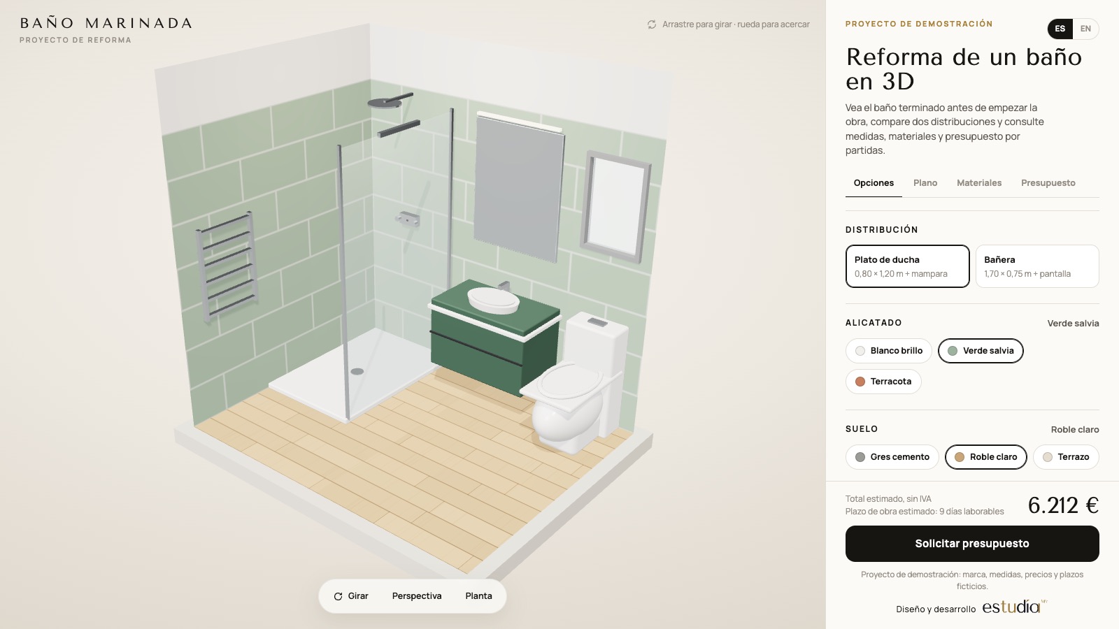 Reforma d'un bany en 3D amb plat de dutxa, moble de lavabo i enrajolat verd (projecte de demostració)