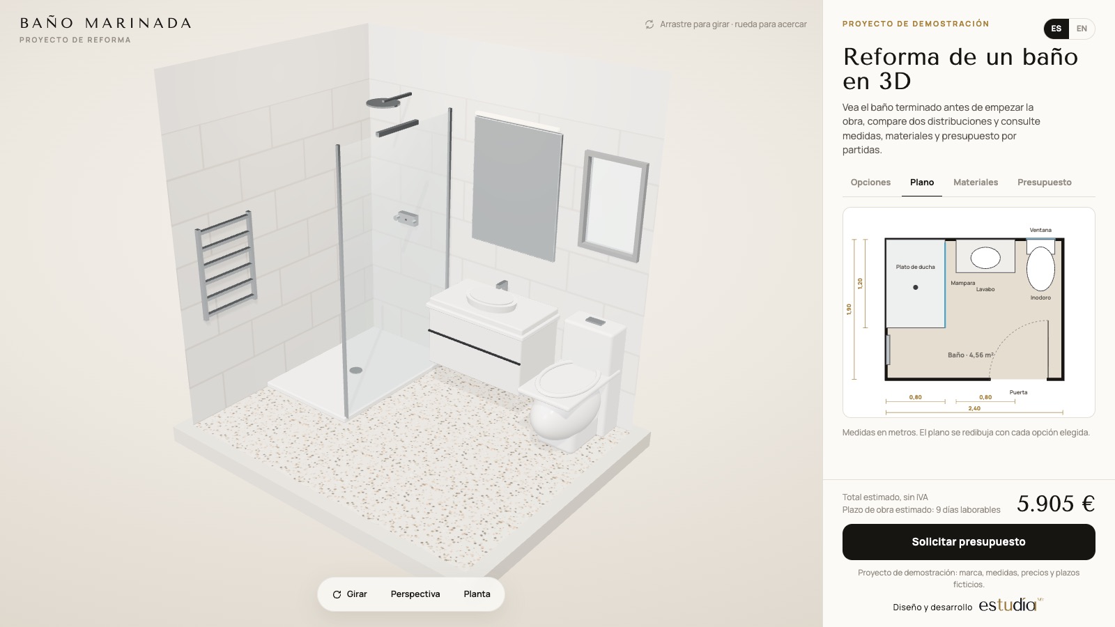 Dimensioned plan of the layout with a shower tray