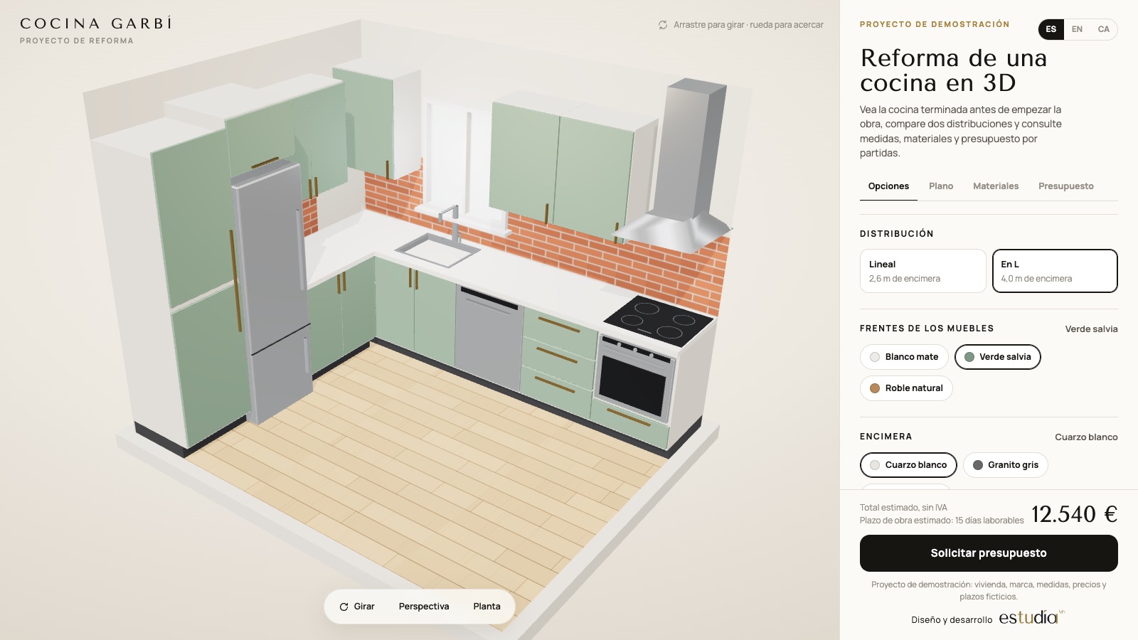 L-shaped kitchen in 3D with sage green fronts (Cocina Garbí demonstration project)